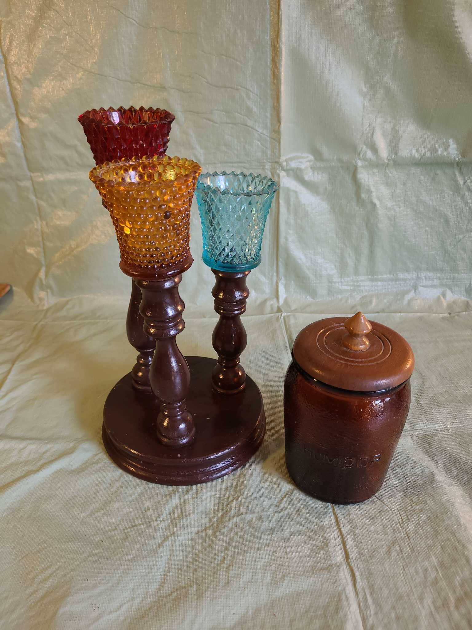 Turned wood 3-arm candle holder, hobnail glass cups, amber glass jar ...