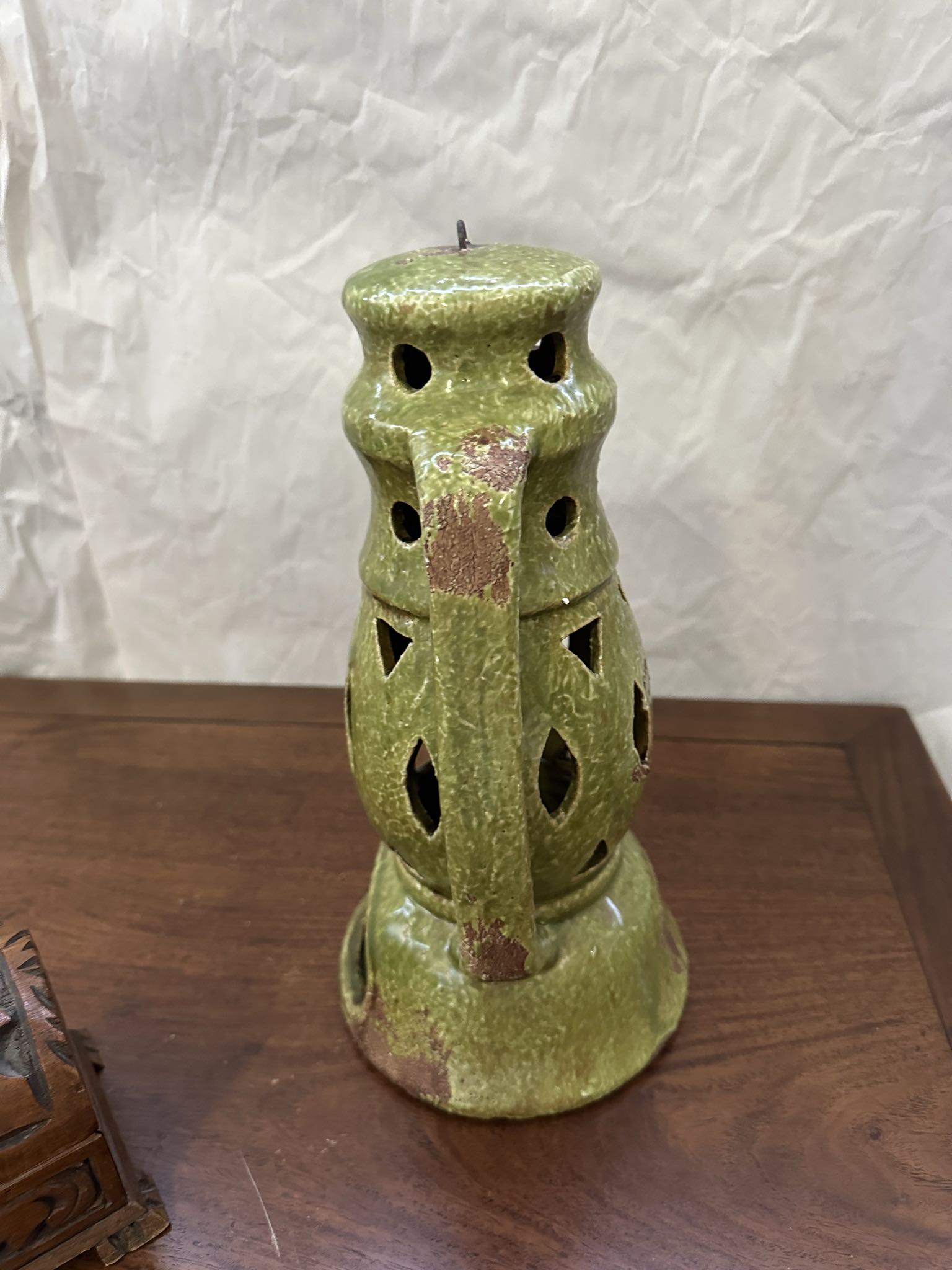 Green ceramic lantern and carved wood trinket box | Maxsold
