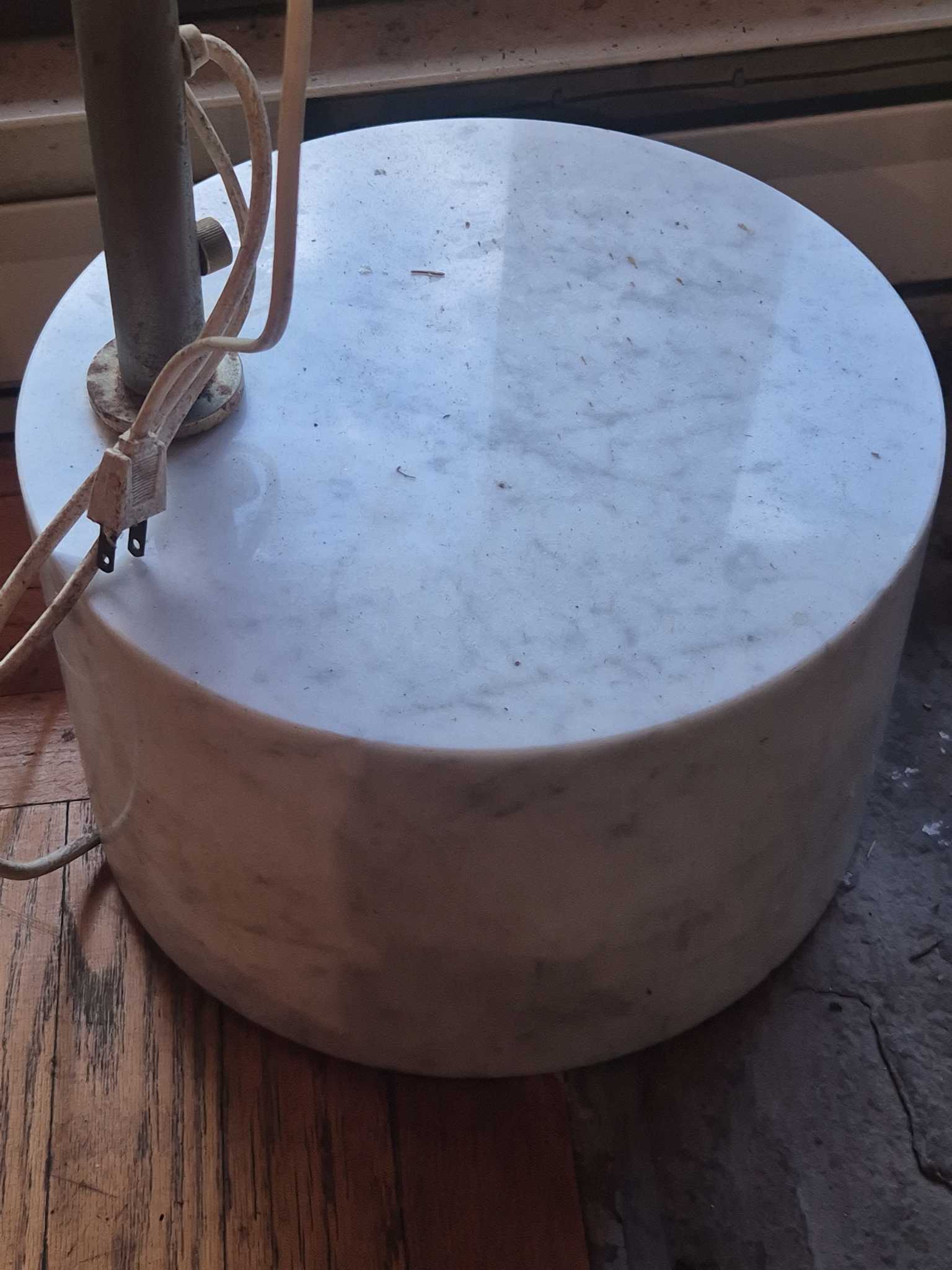 Arc floor lamp with marble base and brushed metal shade | Maxsold