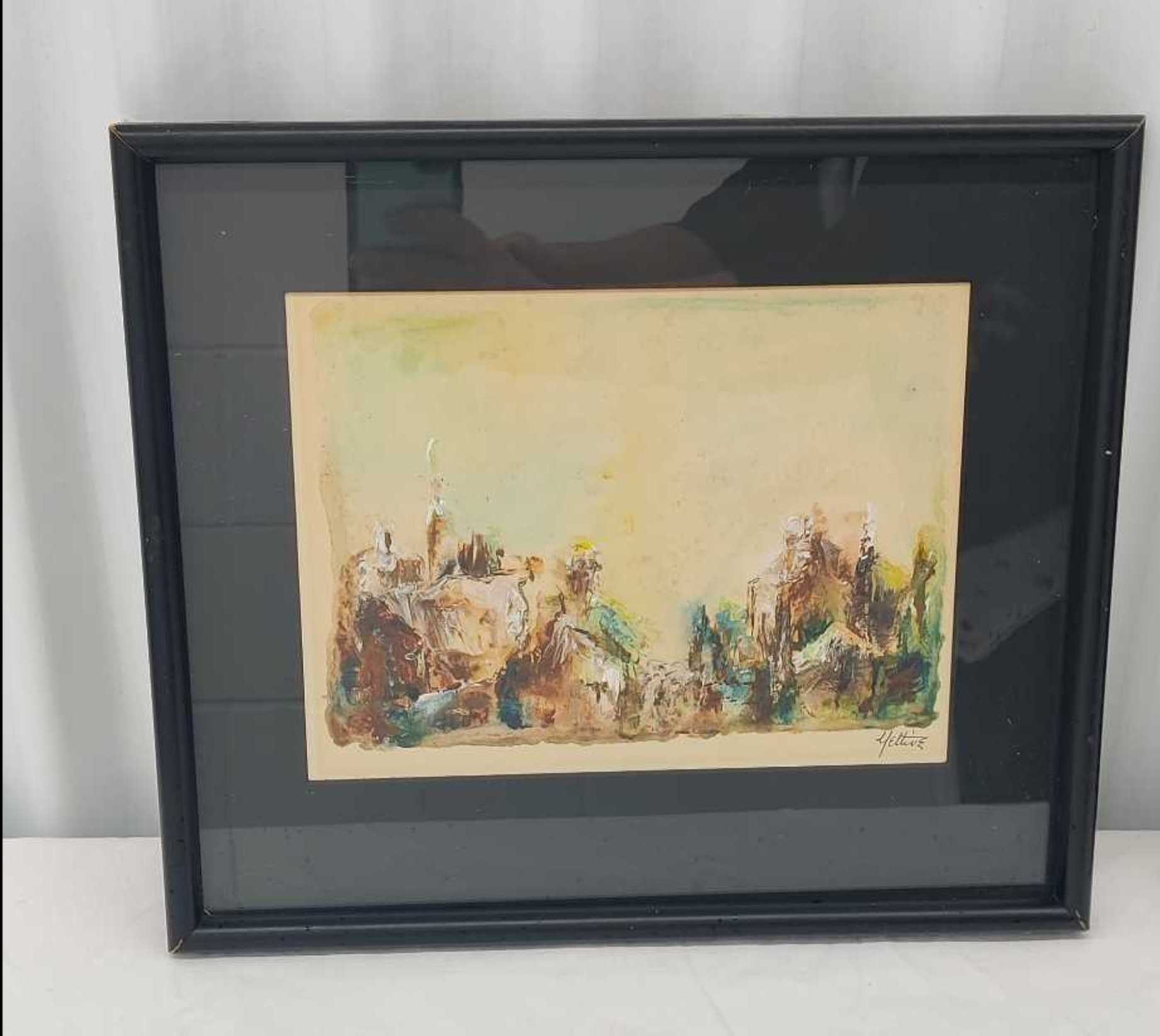 Framed abstract watercolor gouache landscape | Maxsold