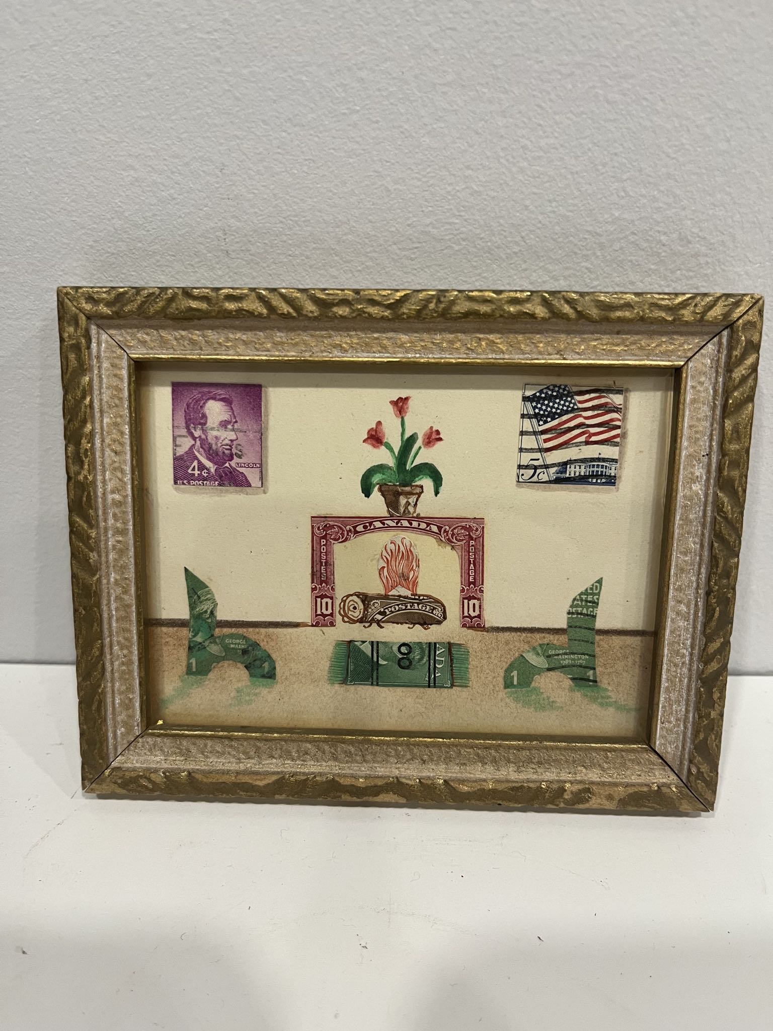 Small framed stamp folk art scene | Maxsold