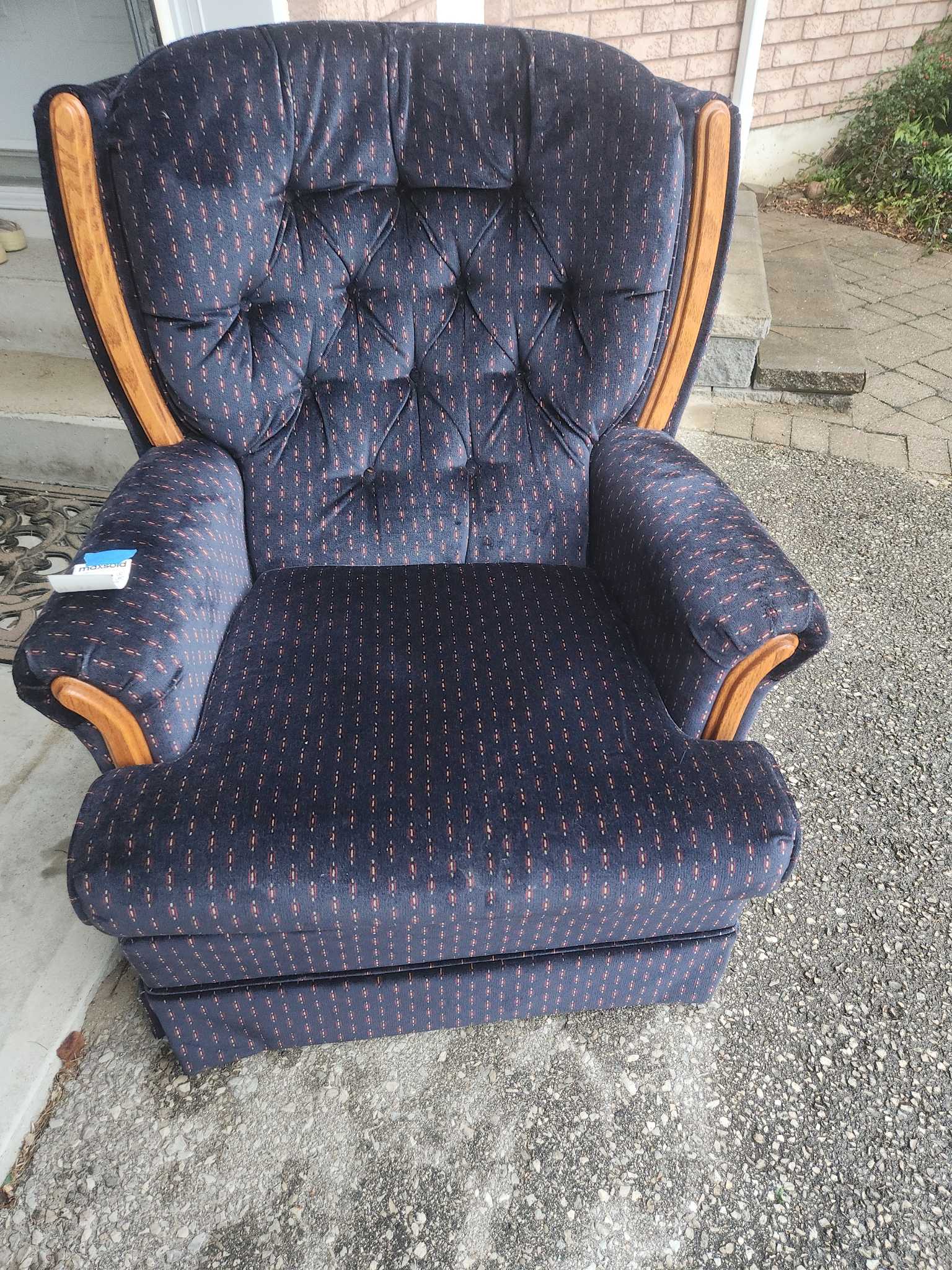 Navy patterned wingback tufted armchair with ottoman | Maxsold