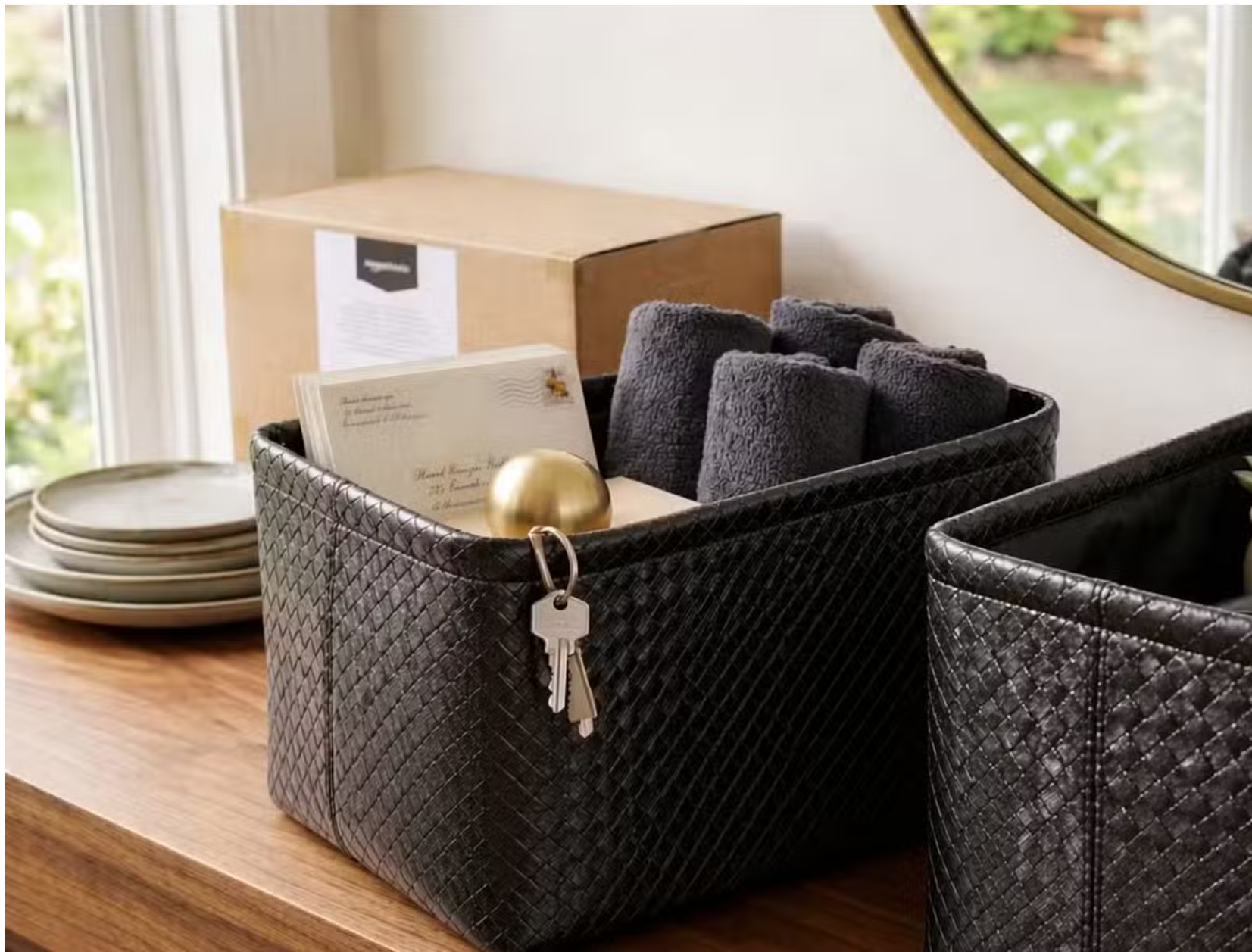 Amazon Basics faux-leather woven storage bins 2-pack | Maxsold