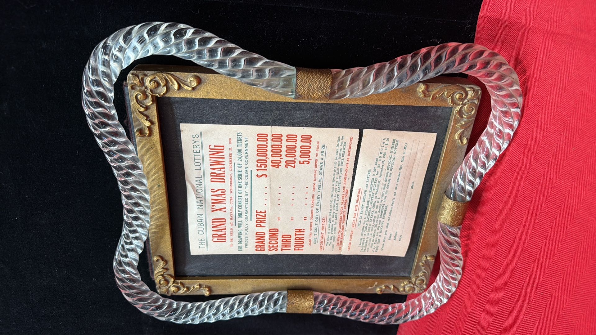 Vintage Twisted Glass Picture Frame With Cuban Lottery Broadside | Maxsold