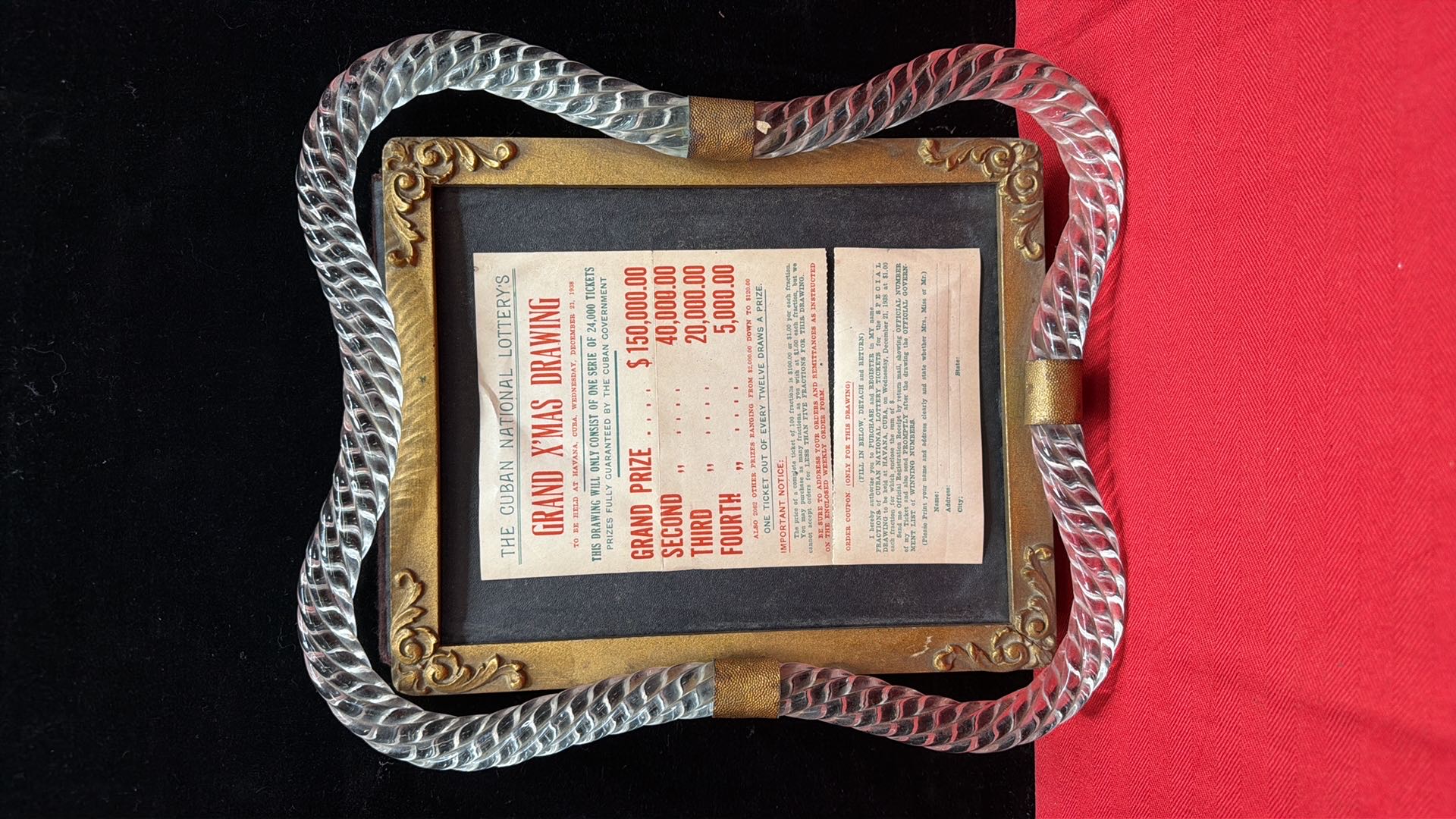 Vintage Twisted Glass Picture Frame With Cuban Lottery Broadside | Maxsold