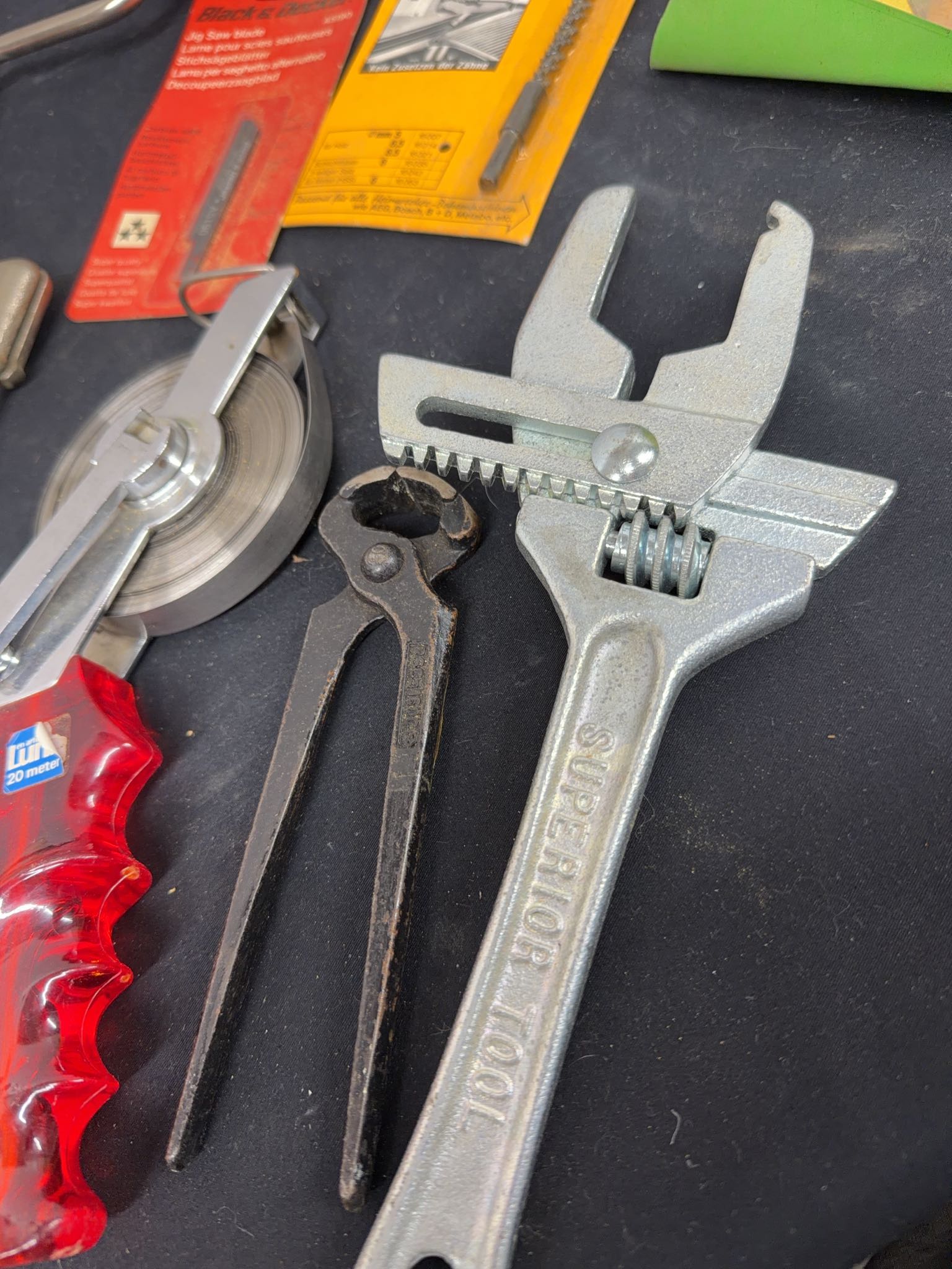 Hand tools assortment with brace drills, snips, hole saws, bits ...